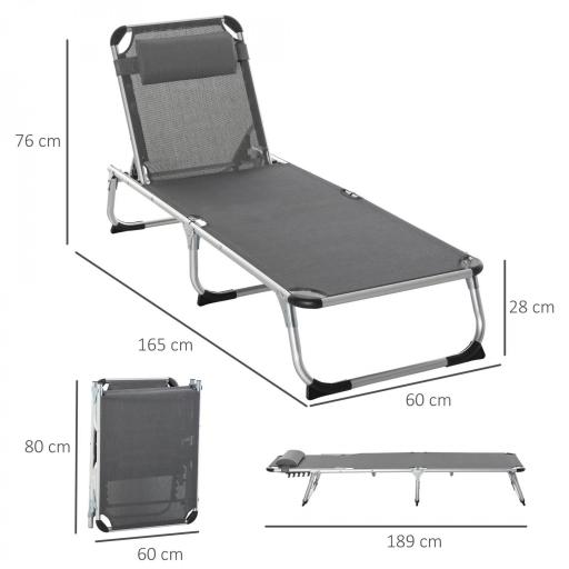 Tumbona Plegable Reclinable de Aluminio con Reposacabezas Extraíble y Respaldo Transpirable Ajustable en 4 Posiciones para Jardín Terraza Camping Exterior 165x60x76 cm Gris [1]