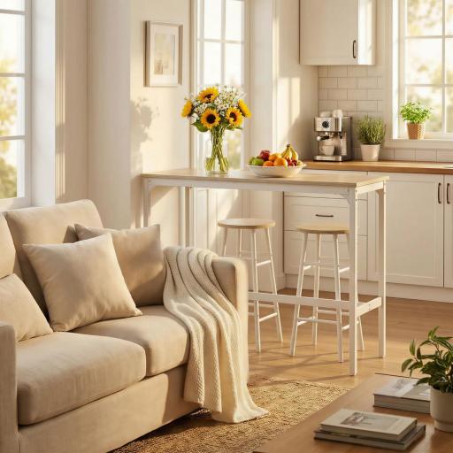 Mesa Alta de Cocina con Taburetes Marco de Acero Estilo Industrial Mesa Alta para Comedor Natural y Blanco [6]