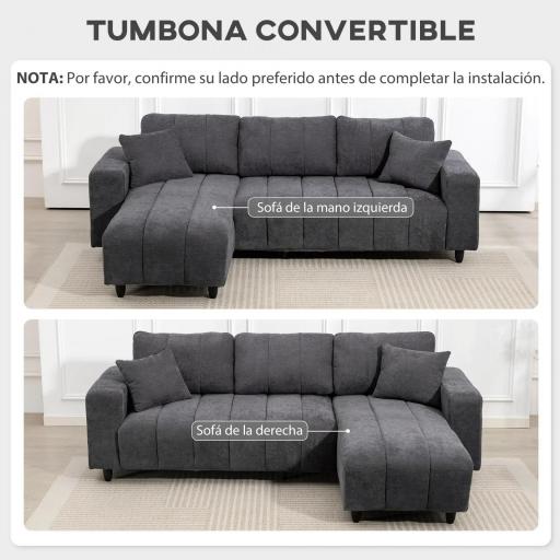 Sofá Chaise Longue Reversible de 3 Plazas 2 Almohadas Tapizado en Lino Marco de Acero 242x156x87 cm Gris Oscuro [2]