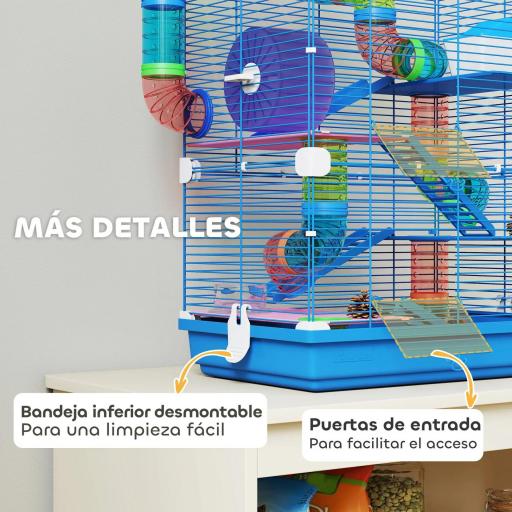 Jaula de Hámster con Túnel Plataformas Cuenco Bebedero Casita Rampas y Rueda de Ejercicio 46x30x58 cm Azul [3]