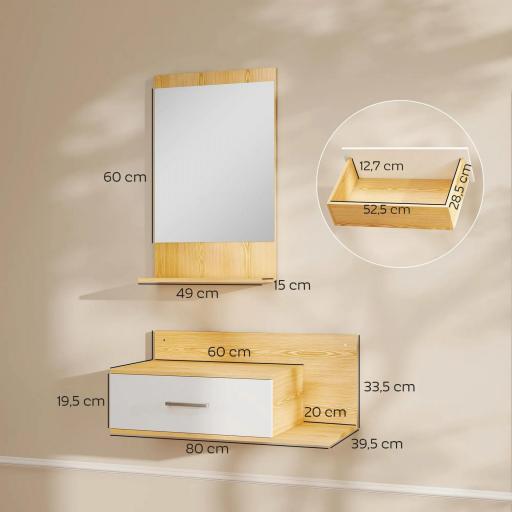 Conjunto de Recibidor de Entrada de Pared con Espejo y Almacenaje Espejo con Cajón y 2 Estantes Abiertos Madera Natural [1]