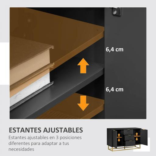 Aparador para Salón con 3 Cajones 2 Puertas y Estante Ajustable Mueble Auxiliar para Salón Antivuelco 120x40x76 cm Negro [4]