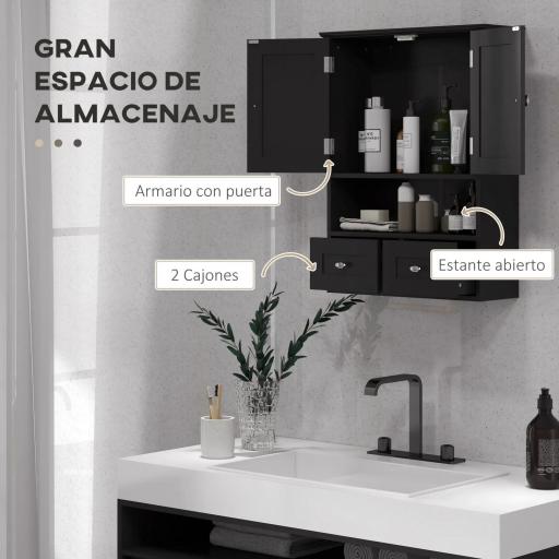 Armario de Baño de Pared Armario Colgante Mueble Suspendido de Baño con 2 Puertas y 2 Cajones 50,8x17,8x66 cm Negro [2]