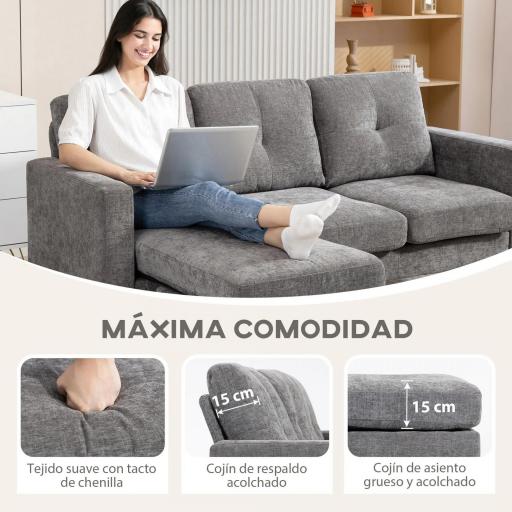 Sofá Chaise Longue Reversible con Estructura de Acero Tapizado en Chenilla 186x130x84cm Gris Oscuro [5]
