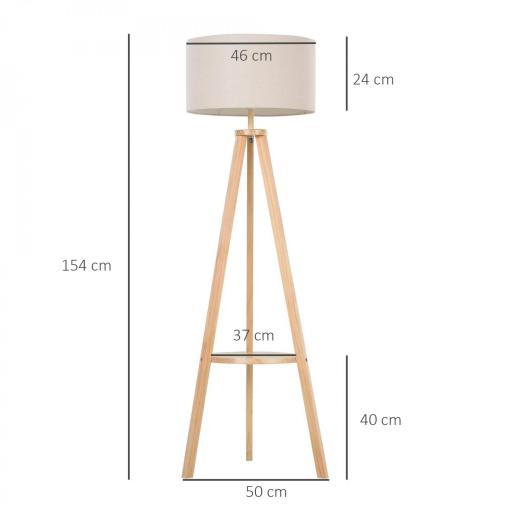 Lámpara de Pie Tipo Trípode con Estructura de Madera Natural y Pantalla de Tela Beige con Estante Integrado 50x50x154 cm [1]