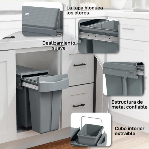 Cubo de Basura bajo Fregadero 2 Contenedores de Reciclaje Extraíble 20L+10L Deslizamiento Suave Gris [3]