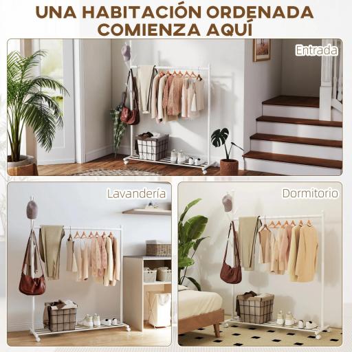 Burro para Ropa con Ruedas 5 Ganchos Barra para Colgar y Balda Inferior para Recibidor Entrada 120x43x171 cm Blanco [4]