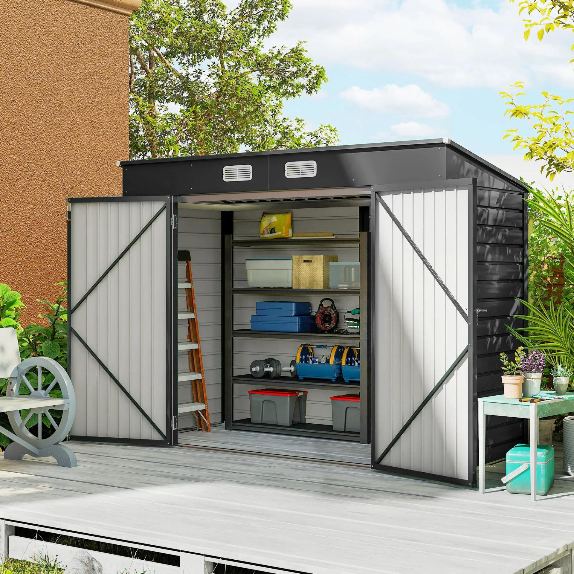 Caseta de Jardín Exterior 2,7m² 249x121x183 cm con Doble Puerta 2 Ventilaciones y Pestillo Gris