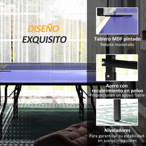 Mesa de Ping-Pong Tamaño Estándar con 4 Ruedas Red 2 Paletas y 3 Pelotas para Interior 274x152,5x76 cm Azul [6]
