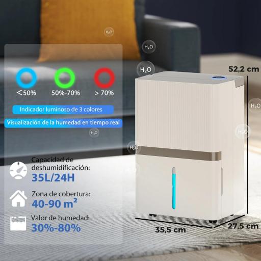 Deshumidificador 35L/Día para 40-90 ㎡ Luz Indicador de Humedad Depósito 5,5 Litros Drenaje Continuo Temporizador 24H [7]