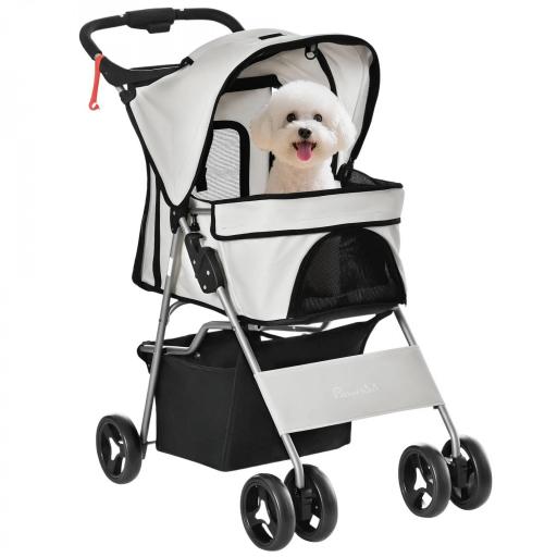Carrito para Perros con Toldo Ajustable Cesta de Almacenaje y Ruedas con Freno Tela Oxford 77x45x99,5 cm Gris [9]