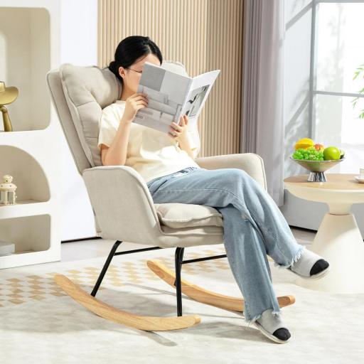 Silla Mecedora con Patas de Madera de Haya y Reposabrazos Mecedora para Lactancia Carga 120 kg para Dormitorio Beige [3]