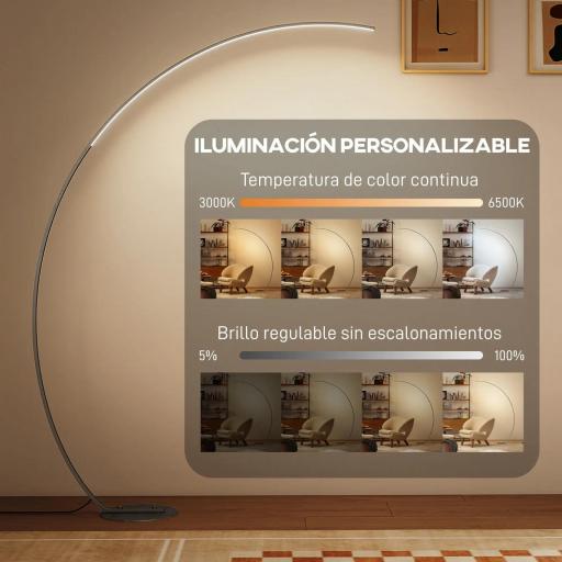 Lámpara de Pie Forma Arco con Brillo y Temperaturas de Color Ajustables 3000K-6500K Mando a Distancia Magnético Plata [4]