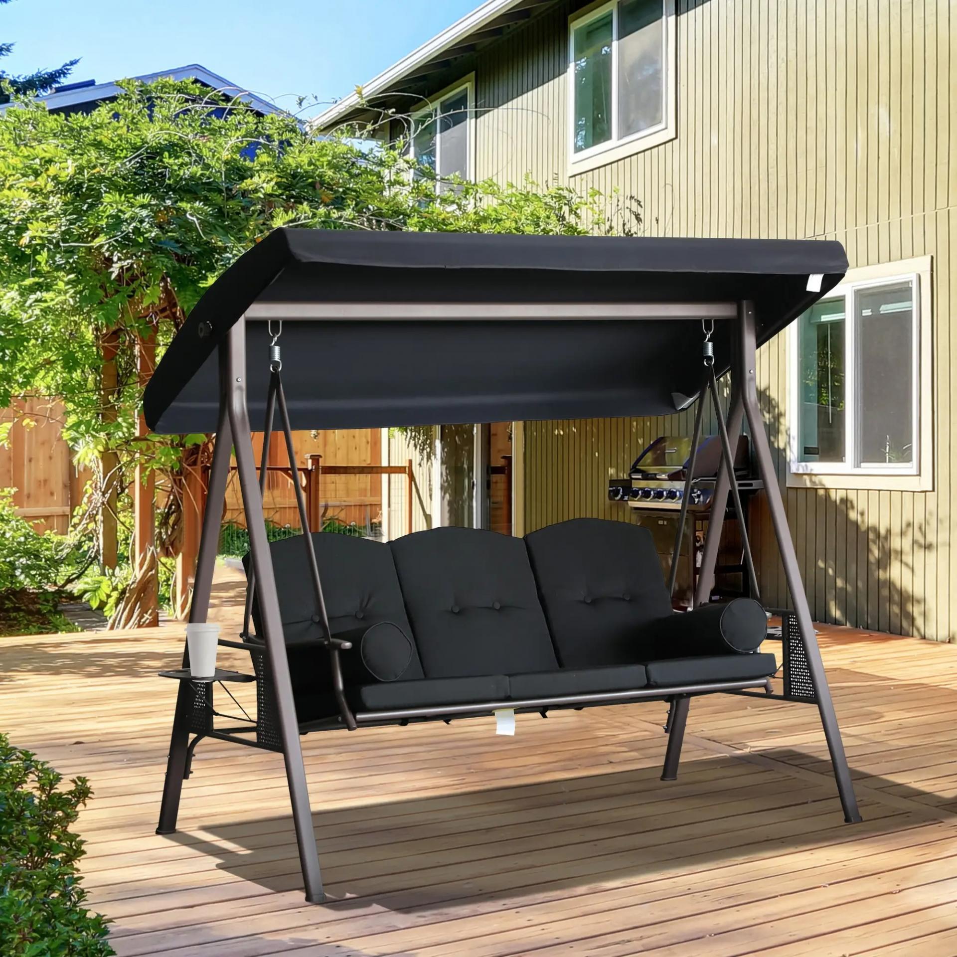 Columpio de Jardín Exteriorde 3 Plazas con Toldo Ajustable Bandejas Laterales y 2 Almohadas 208x121x172 cm Negro