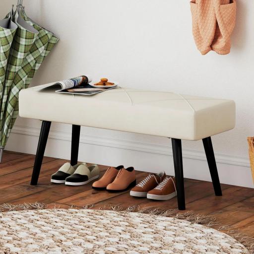 Taburete Pie de Cama Multifuncional con Pies de Acero y Asiento Acolchado para Entrada Pasillo 100x36x45 cm Blanco Crema [1]