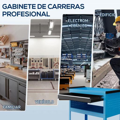 Carro de Taller Carro de Herramientas con 3 Bandejas y Cajón Ruedas con Frenos Asa Lateral Panel Lateral Perforado Azul [4]