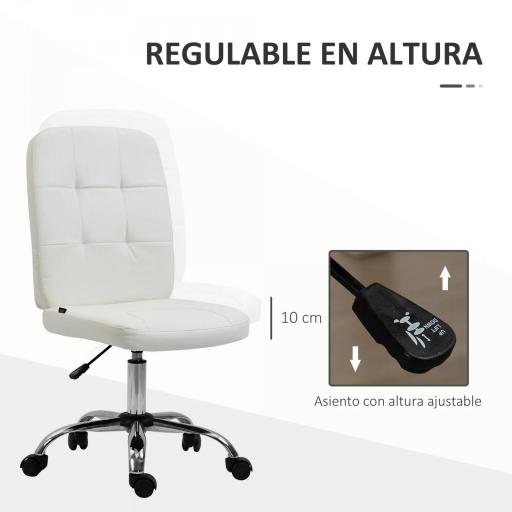 Silla de Oficina sin Brazos Silla de Escritorio Giratorio de Piel Sintética con Altura Ajustable 45x59x90-100 cm Blanco [4]