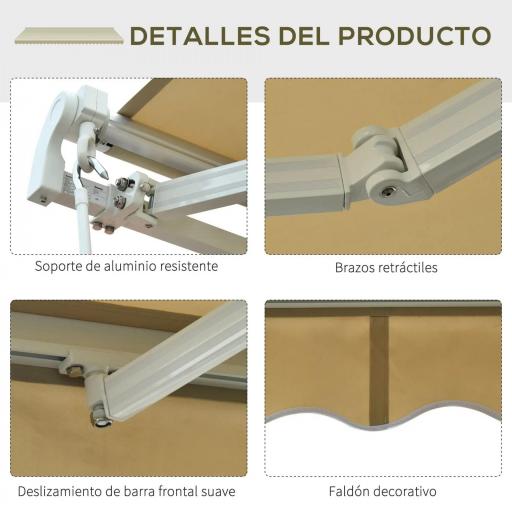 Toldo Manual Retráctil 295x250cm Ángulo Ajustable con Manivela para Exterior Balcón Jardín Terraza Crema [6]