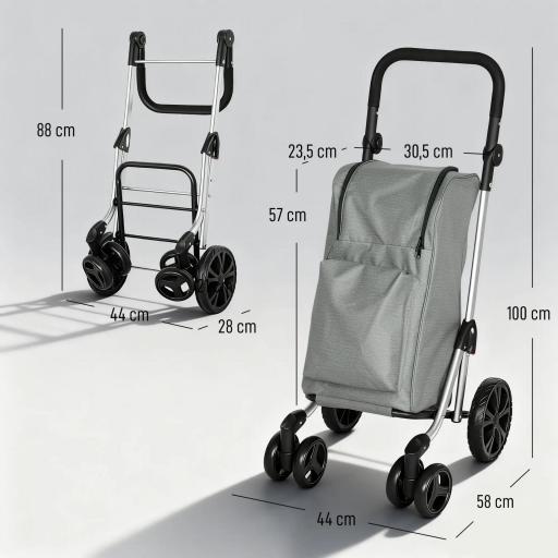 Carrito de Compra Plegable de 46 L Carro 3 en 1 con 6 Ruedas Bolsa Térmica y Asa Ajustable 44x58x100 cm Gris [1]
