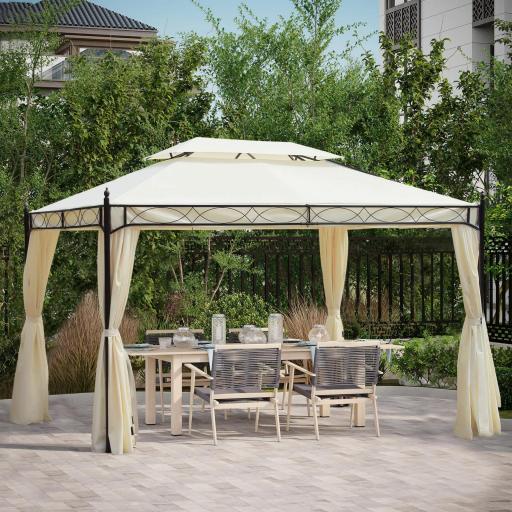 Cenador de Jardín 4x3m con Doble Techo Estructura de Acero Anti-UV para Exterior Patio 400x300x280 cm Crema