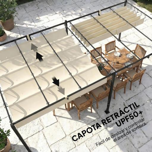 Pérgola de Jardín 6x3 m con Techo Retráctil Protección UPF50+ Drenaje Cenador de Jardín para Patio Exterior Crema [4]