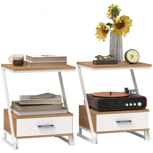Juego de 2 Mesitas Auxiliares en Forma de Z con Cajón y Compartimento Mesita Auxiliar para Salón 40x35x50 cm Natural [8]