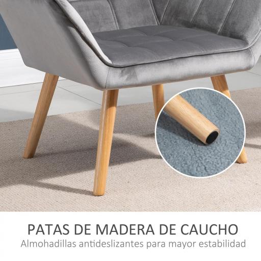 Butaca de Salón Moderna Tapizado en Terciopelo con Asiento Ancho Patas de Madera Sillón Relax para Sala de Estar Gris [4]