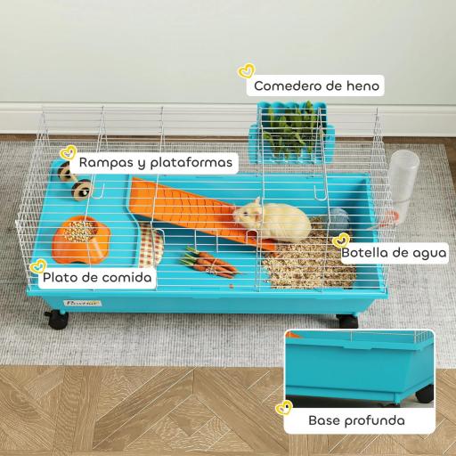  Jaula para Animales Pequeños con Ruedas Botella Comedero Dispensador de Heno para Conejos y Cobayas 89x44x43 cm Azul [3]