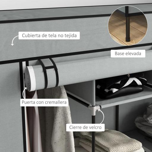 Armario Ropero de Tela Armario Portátil con 10 Compartimentos 2 Rieles Colgantes y 4 Cajones 166x42,5x169,5 cm Gris [6]