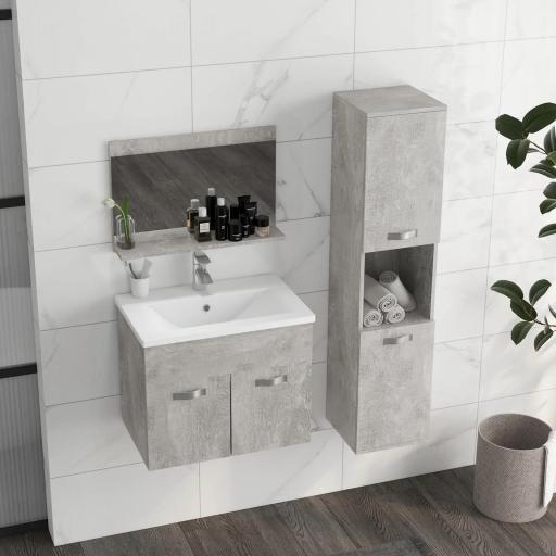 Conjunto de Muebles de Baño de Pared 3 Piezas Incluye Espejo Armario con Lavabo Cerámico y Columna Auxiliar de Baño Gris [7]