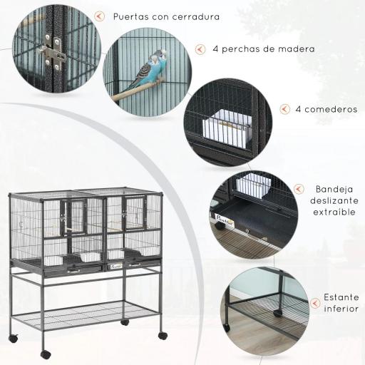 Jaula para Pájaros con Ruedas Pajarera Doble con 2 Bandejas Múltiples Puertas 4 Comederos 4 Perchas 95x45,5x102 cm Gris [2]