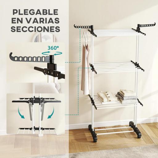 Tendedero de Ropa Plegable con Ruedas 3 Niveles con Alas Plegables y Colgadores 73x64x172 cm Negro y Blanco [3]