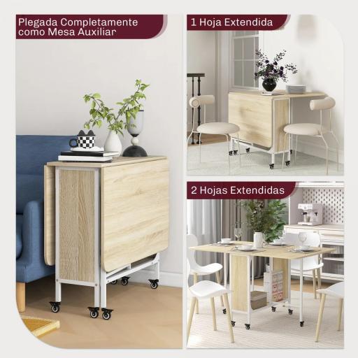 Mesa de Cocina Plegable con Ruedas Alas Abatibles y Estante Mesa Plegable para Salón 130x80x74 cm Madera Natural [2]