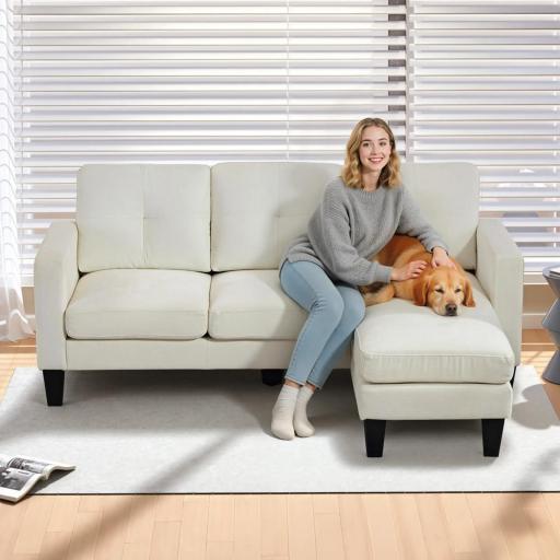 Sofá Chaise Longue Reversible con Estructura de Acero Tapizado en Chenilla 186x130x84cm Crema [2]