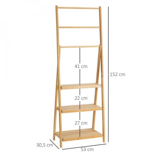 Toallero de Pie de Bambú con 3 Barras Tipo Escalera Plegable con 3 Estantes para Baño 53x30,5x152 cm Natural [1]