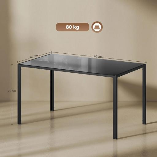 Mesa de Comedor de Cristal Rectangular para 6 Personas con Patas de Metal para Cocina Salón 140x80x75 cm Negro [1]