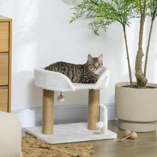 Árbol Rascador para Gatos Pequeños Altura 42 cm con Nido Bolas Colgantes y Postes de Sisal 48x38x42 cm Blanco