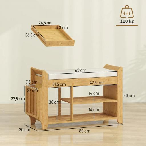 Banco Zapatero con Asiento Acolchado Almacenamiento Lateral Estante para Botas Marco de Bambú 80x30x50 cm Natural [1]
