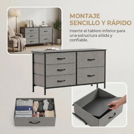 Cómoda con 5 Cajones de Tela Cómoda para Dormitorio Marco de Acero Cajonera para Salón Oficina Gris Oscuro y Negro [5]