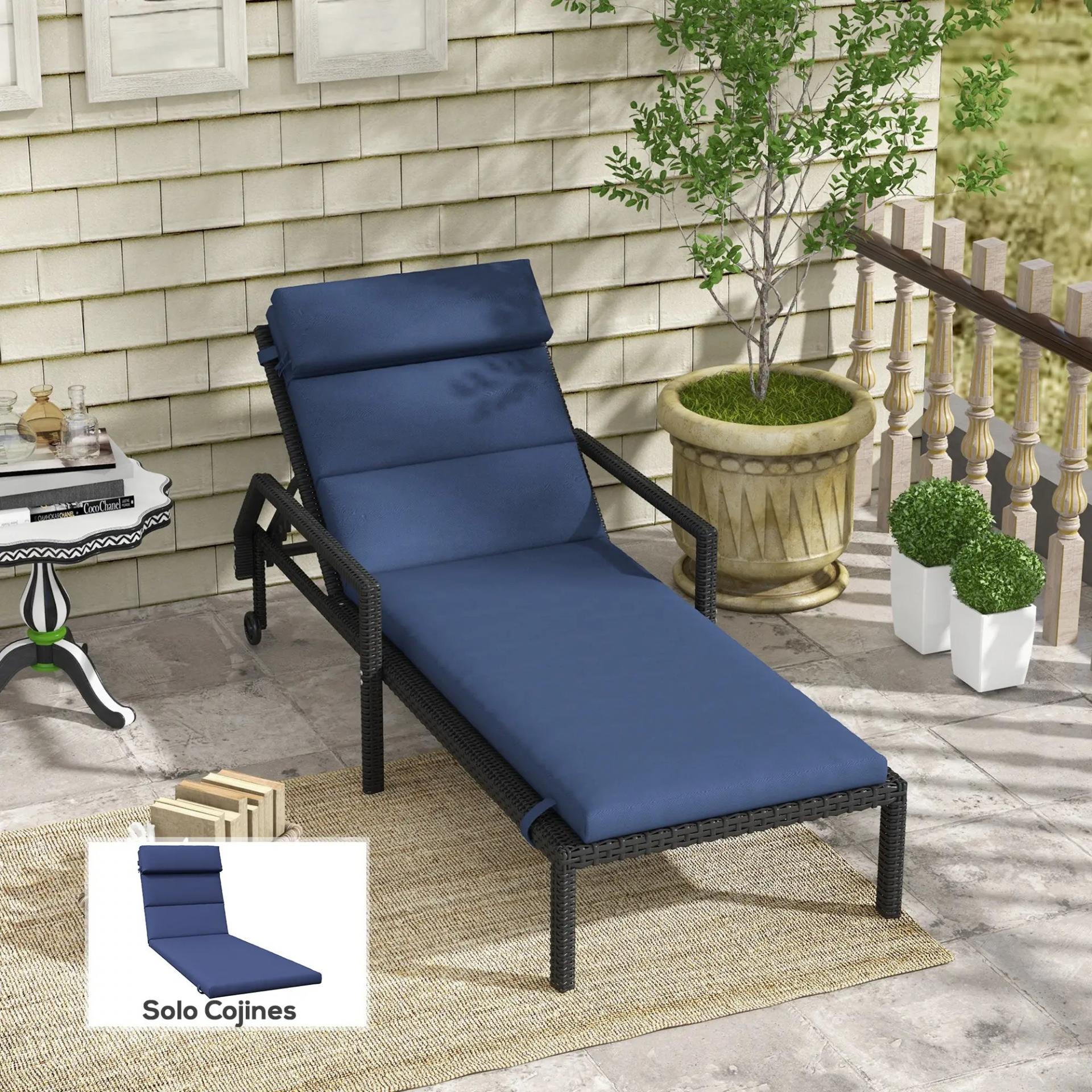 Cojín para Tumbona de Algodón 196x63x6 cm con Tela Hidrófuga Cojín de Asiento y Respaldo Azul Oscuro