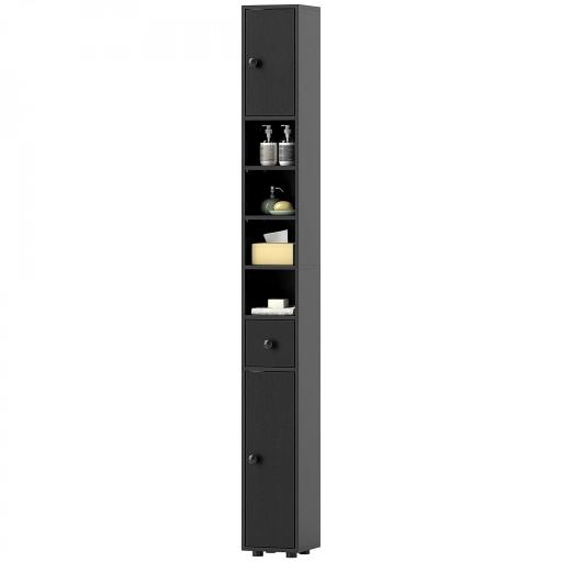 Armario de Baño Alto Columna de Baño Estrecha con 1 Cajón 4 Estantes Abiertos y Estantes Ajustables 20x20x180 cm Negro [8]