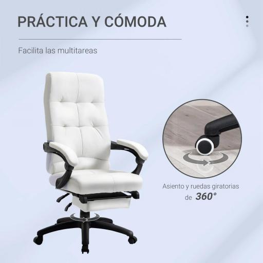 Silla de Oficina Giratoria Silla de Escritorio Reclinable Silla de Estudio Tapizada de PU con Altura Ajustable Reposabrazos Reposapiés 65x65x118-125 cm Blanco [2]