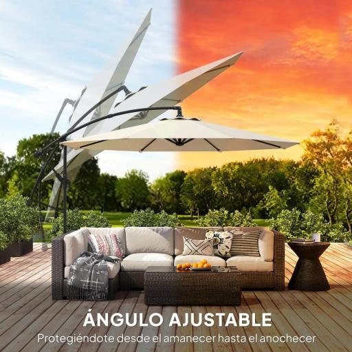 Parasol Excéntrico Ø300 cm con Base Cruzada Toldo Ajustable y Manivela UPF30+ para Terraza Patio Blanco Crema [6]