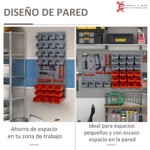 Estantería de Pared para Herramientas de 44 Piezas 95x54 cm con 28 Cajas Apilables y Diferentes Ganchos Gris y Rojo [5]