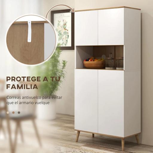 Alacena de Cocina con 4 Puertas Encimera para Microondas Estantes Ajustables Orificio de Cable y Patas de Madera Blanco [3]