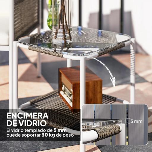 Juego de 2 Sillas y Mesa de Ratán con Cojines Acolchados y Encimera de Vidrio para Balcón Terraza Marrón y Crema [4]