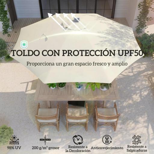 Sombrilla Terraza Exterior con Luces LED Protección UV50+ Poste de Aluminio Manivela Techo Ventilado Ø300x256 cm Crema [2]
