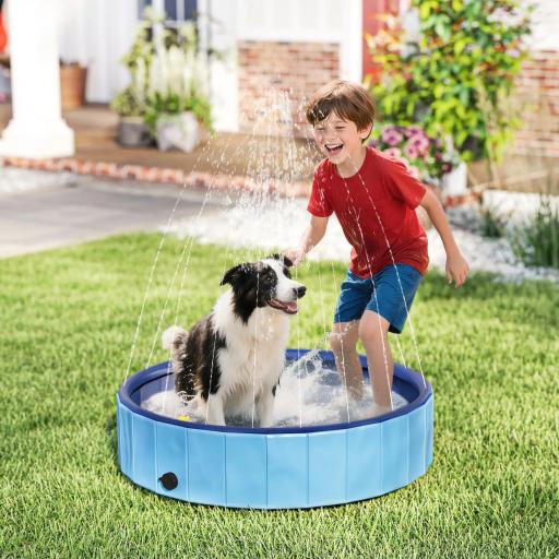 Piscina para Perros Medianos y Pequeños Plegable con Aspersor de PVC Antideslizante Resistente Ø100x30 cm Azul Claro [10]
