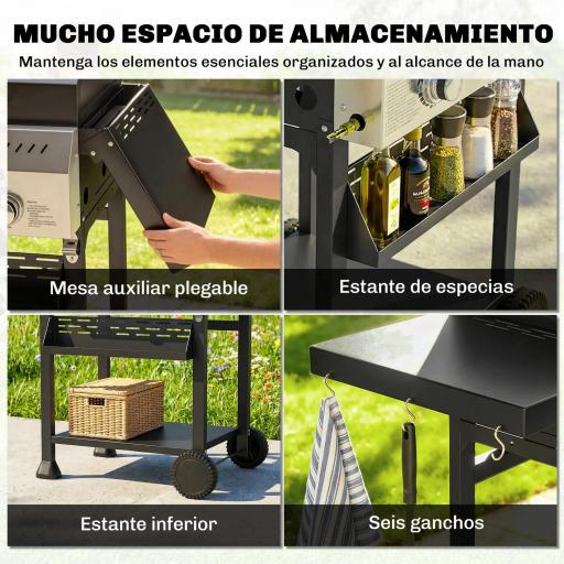 Barbacoa de Gas con 3 Quemadores Termómetro Parrilla Mesas Laterales Plegables Estante y Ruedas 123x57x102 cm Negro [3]