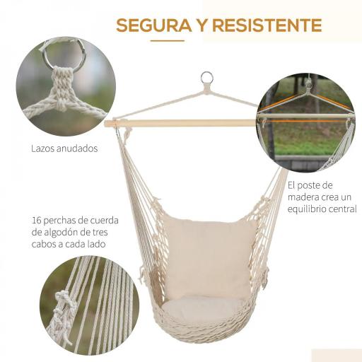 Silla Colgante Silla Hamaca Columpio con 2 Cojines Barra de Madera Carga 120 kg para Interior y Exterior Crema [5]